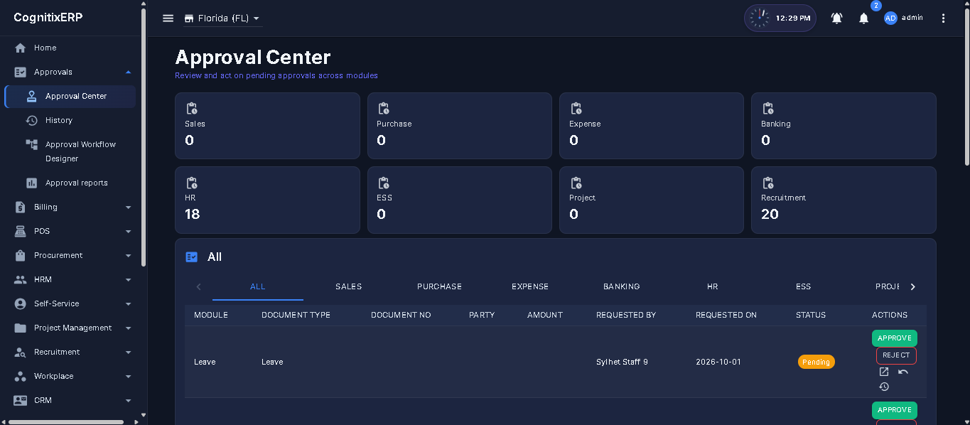 Approval Center — My Multi-Level Approvals panel with approve, reject, and history actions