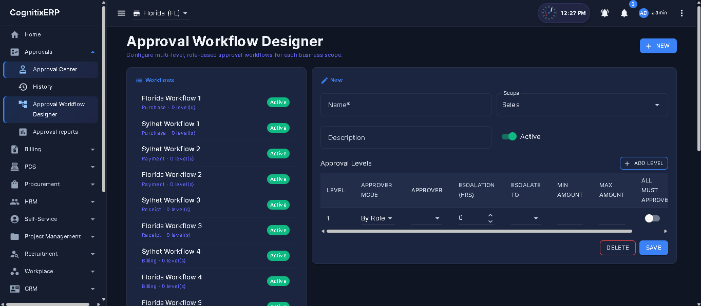 Approval Workflow Designer — scope, levels, and per-level approver mode