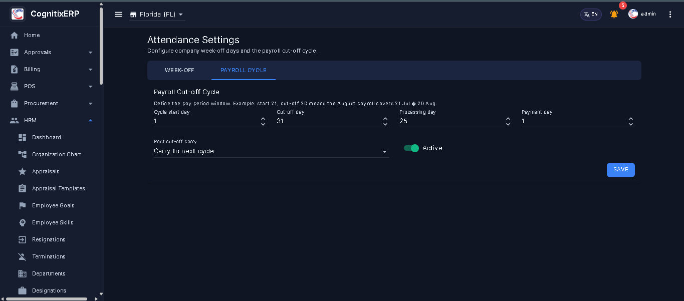 HRM Attendance Settings — Payroll Cycle tab
