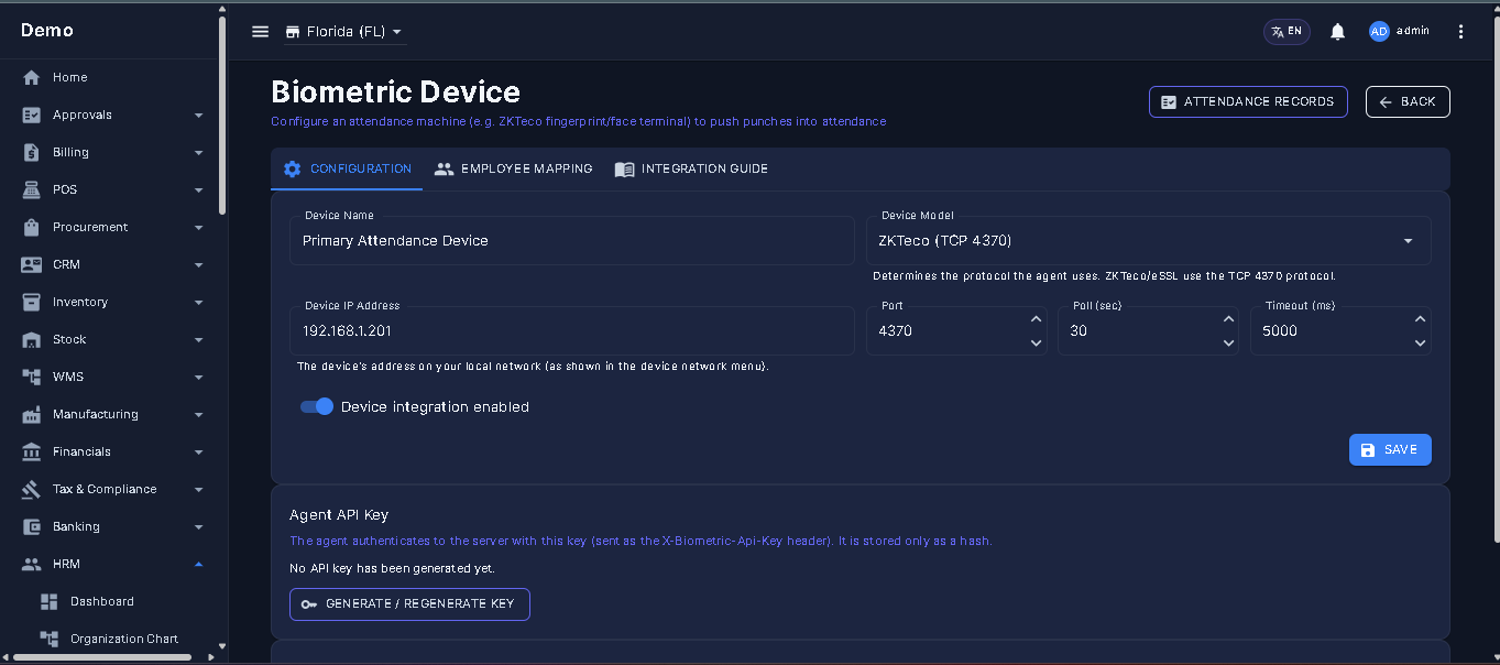 Biometric device configuration — model, IP, port, polling, API key, live status