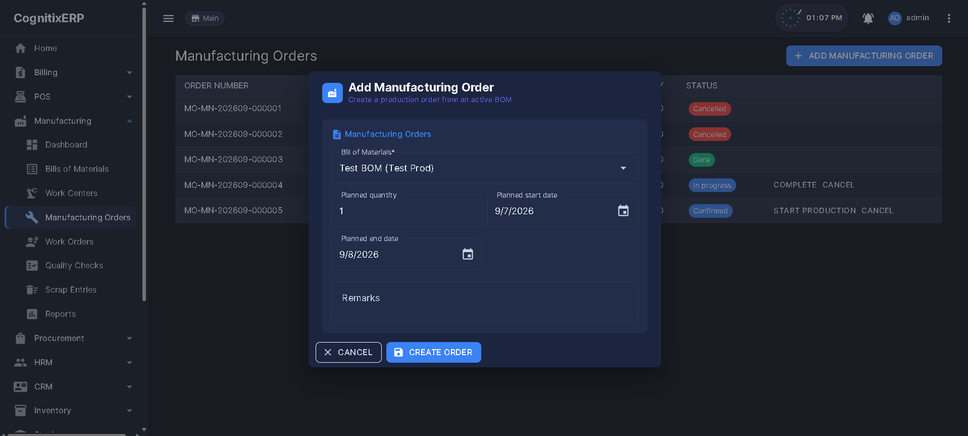 Manufacturing Orders list page