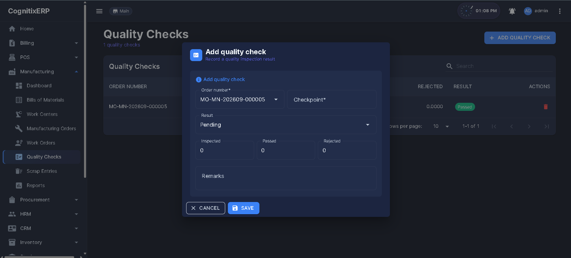 Manufacturing Quality Checks page