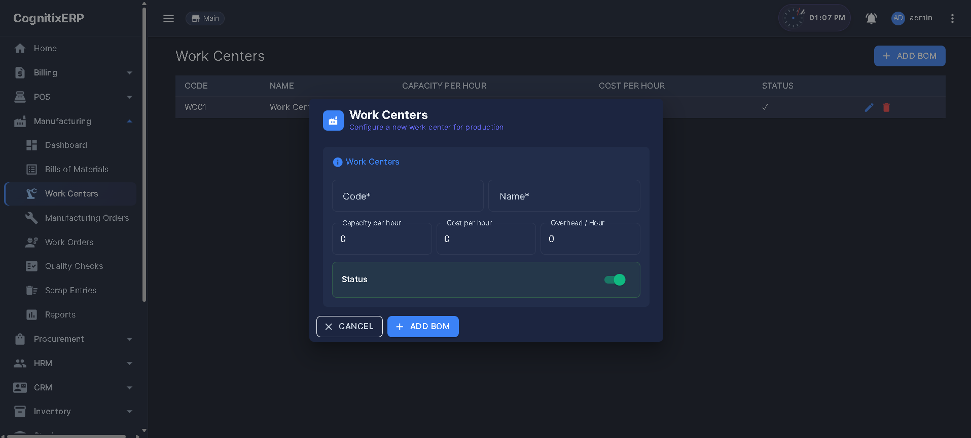 Manufacturing Work Centers list page