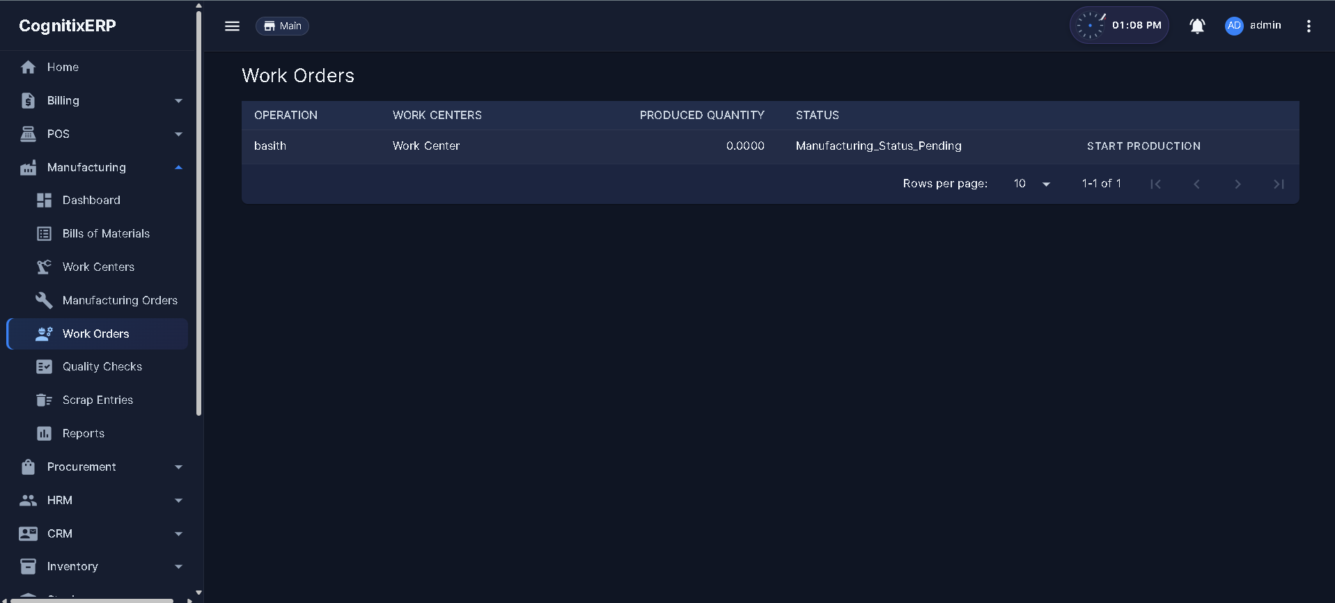 Manufacturing Work Orders list page