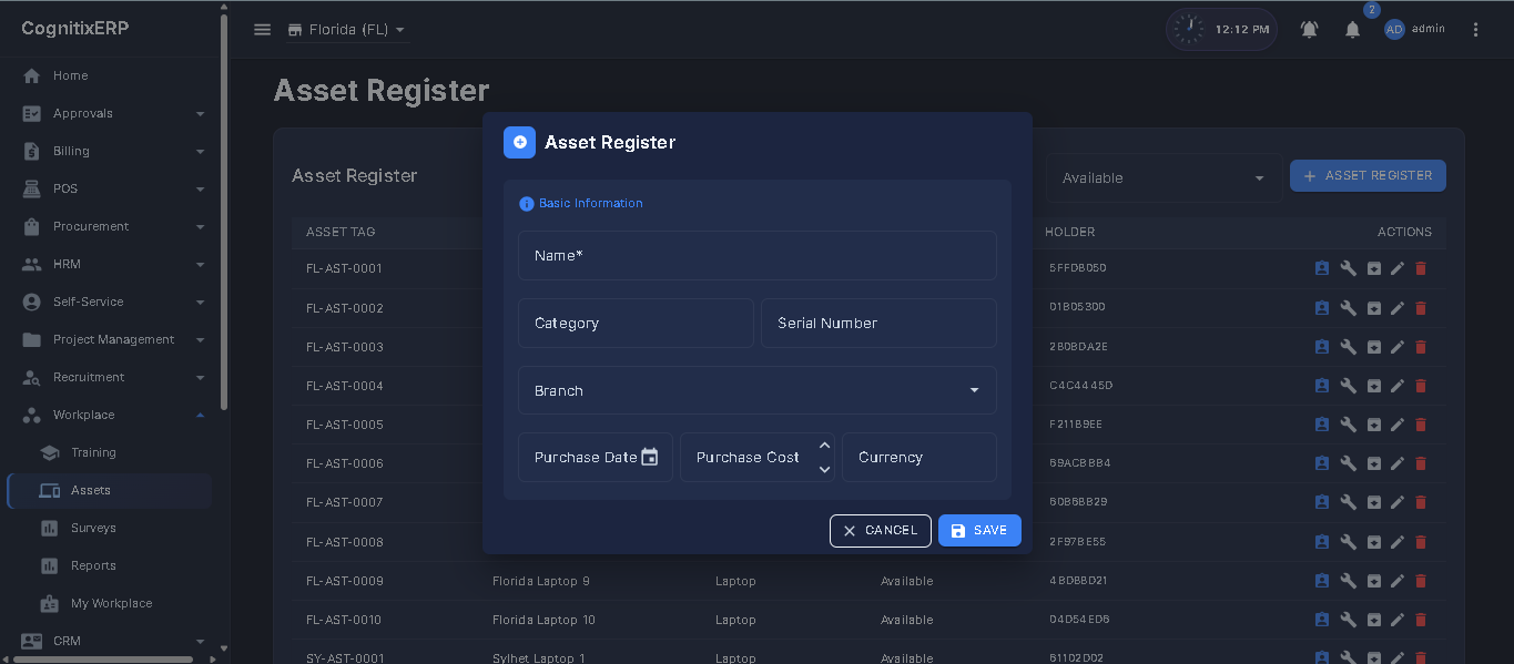 Workplace Assets register